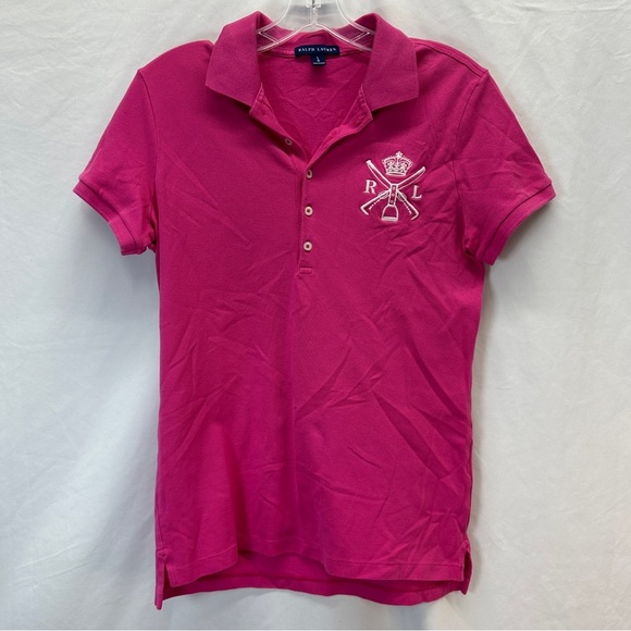 Ralph Lauren Womens Big Monogram Logo Equestrian Pink Polo Shirt Slim Fit Size L - Picture 1 of 8